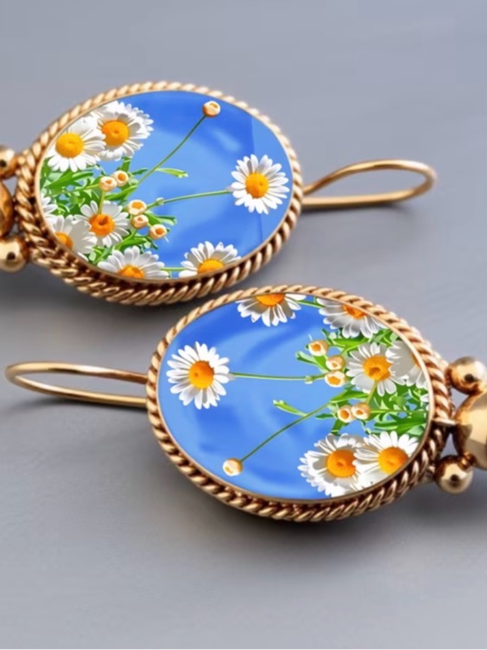 Gold-Tone Blue Floral Daisy Drop Earrings